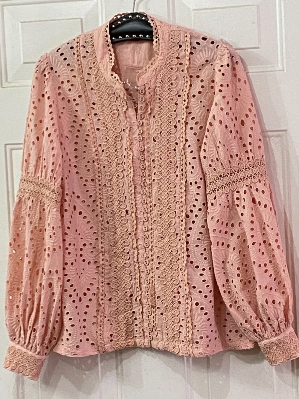 NEW BOSTON PROPER Sz M Blush Pink Eyelet Blouse Button Up Long Sleeve